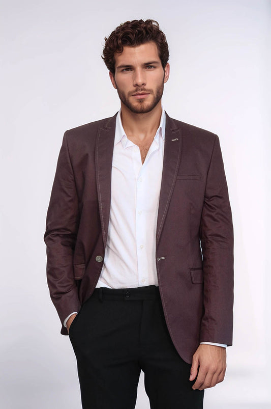 Single Button Cotton Mono Lapel Brown Jacket-Wessi