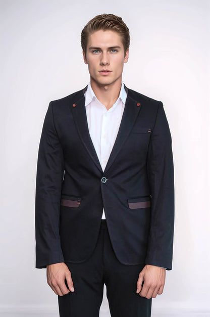 Single Button Standing Collar Black Men Blazer - Wessi