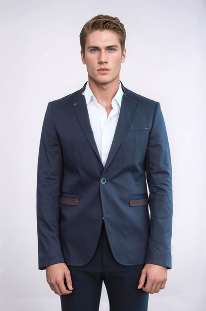KOALA SYDNEY Single Button Standing Collar Navy Blue Men Blazer