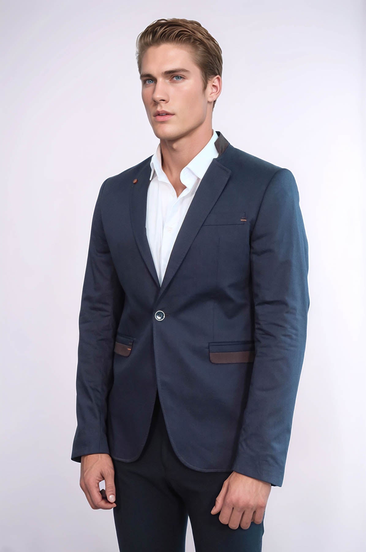 KOALA SYDNEY Single Button Standing Collar Navy Blue Men Blazer
