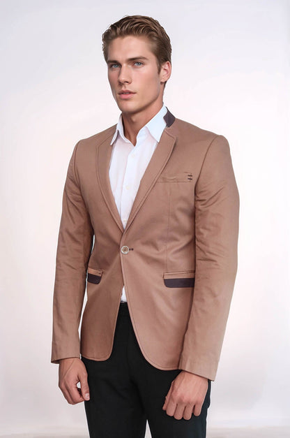 Single Button Standing Collar Beige Men Blazer