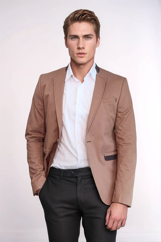 Single Button Standing Collar Beige Men Blazer