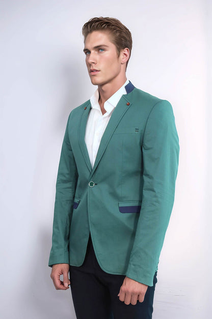 Single Button Standing Collar Green Men Blazer