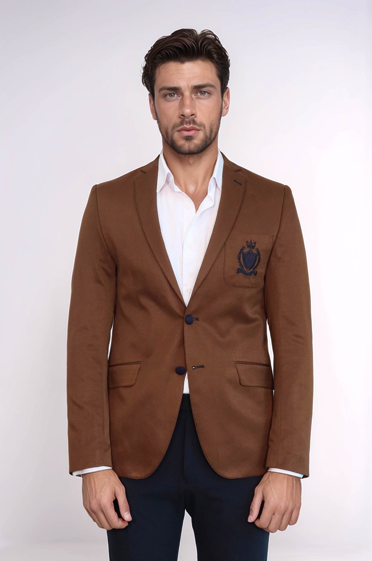2 Buttons 3 Pockets Crested Cotton Tan Jacket