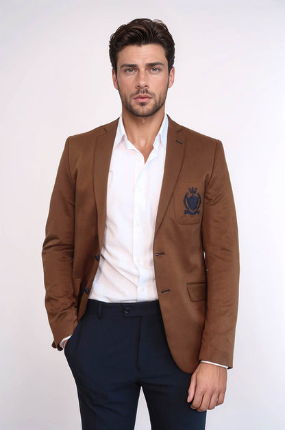 2 Buttons 3 Pockets Crested Cotton Tan Jacket