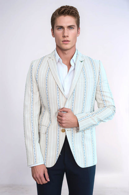 Stripped Beige Slim Fit Blazer