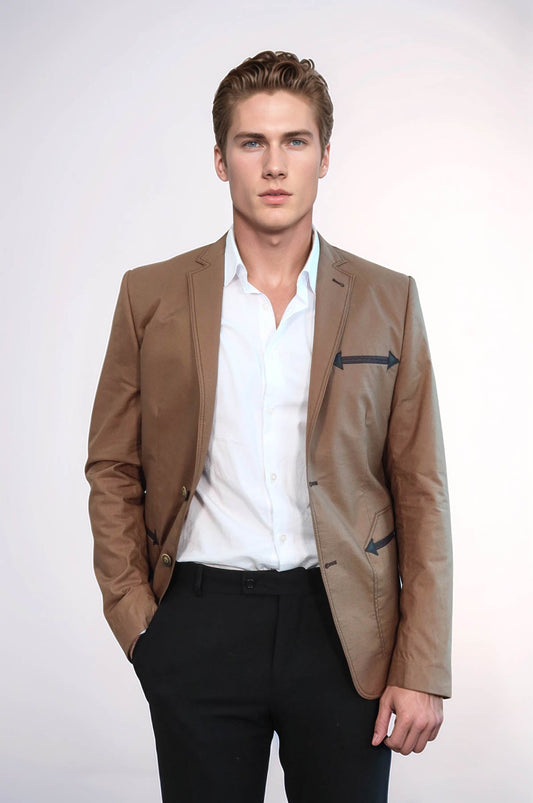 Double Button Mono Lapel Bag Pocket Cotton Tan Jacket-Wessi
