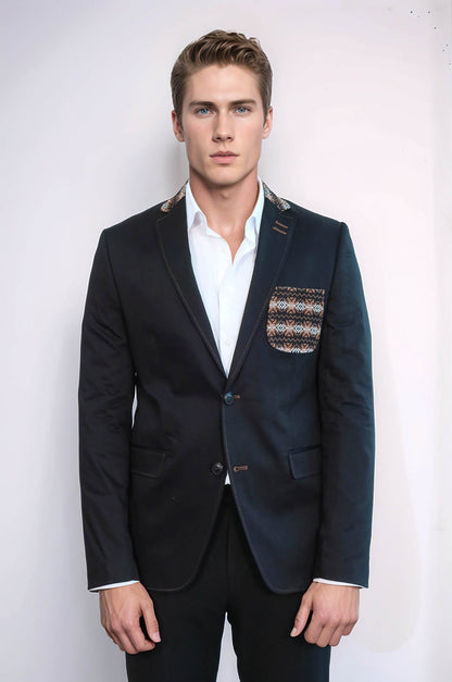 Double Buttons Knit Collar Mono Lapel Black Jacket-Wessi