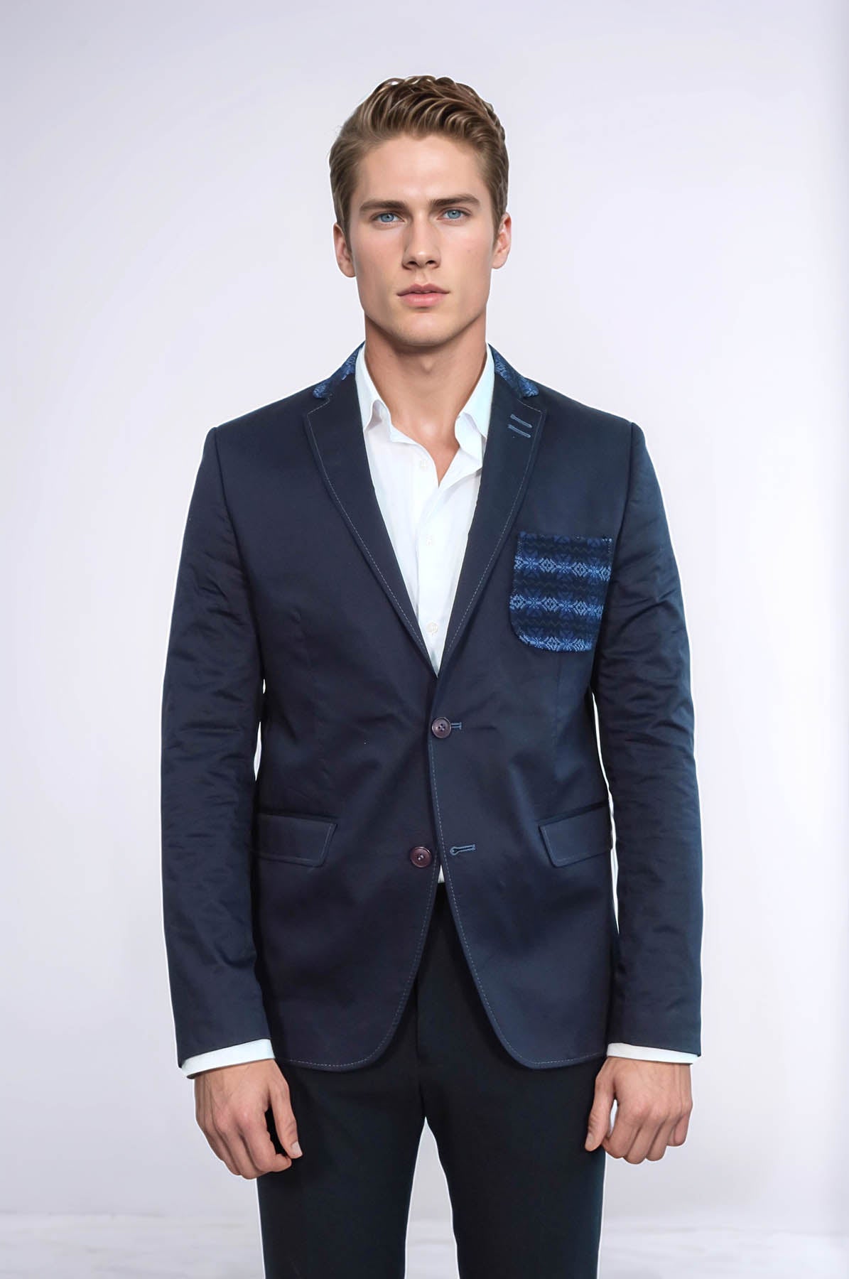 Double Buttons Knit Collar Mono Lapel Navy Blue Jacket-Wessi