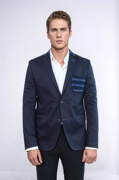 Double Buttons Knit Collar Mono Lapel Navy Blue Jacket-Wessi