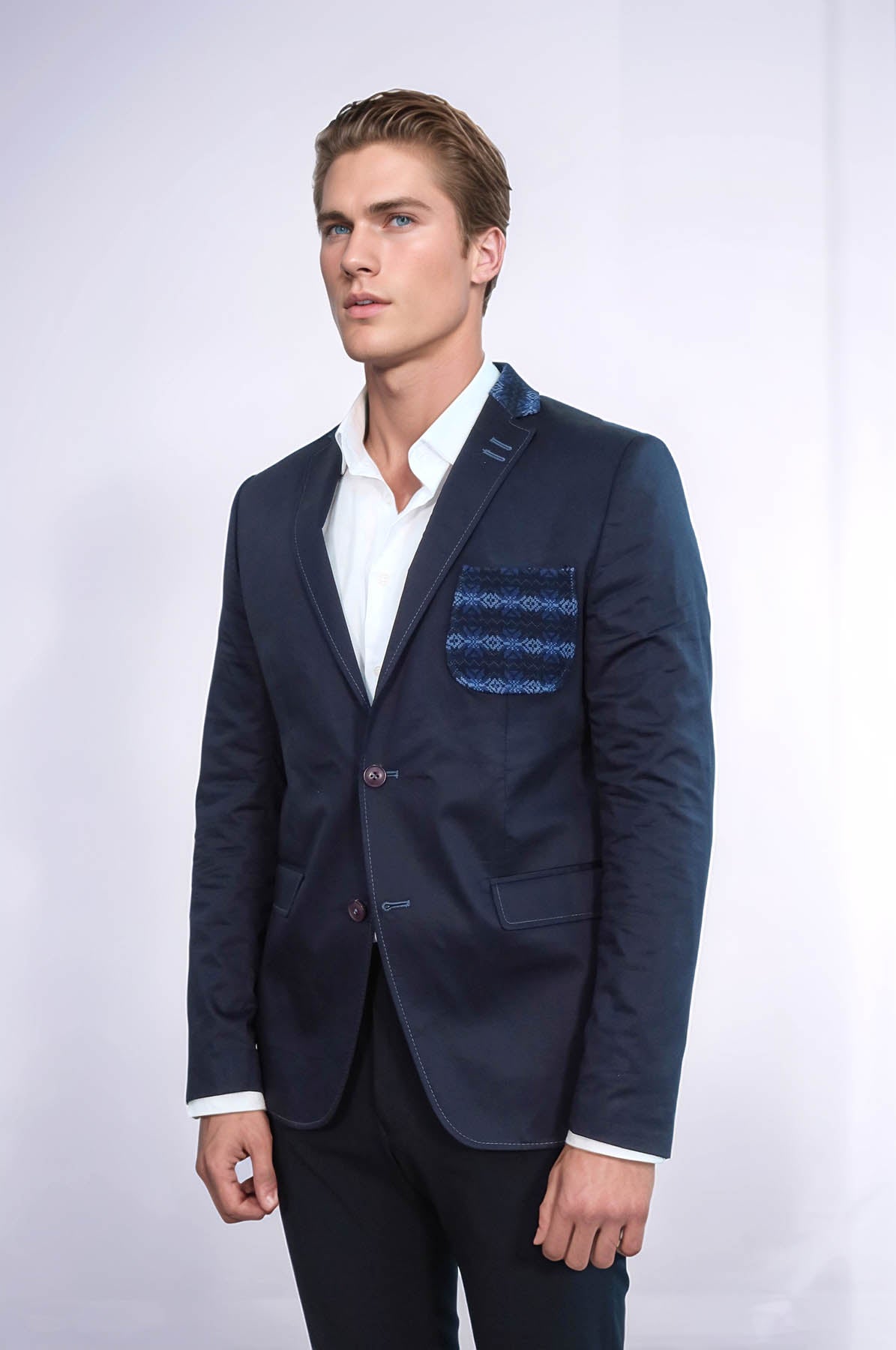 Double Buttons Knit Collar Mono Lapel Navy Blue Jacket-Wessi