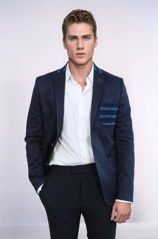 KOALA SYDNEY Double Buttons Knit Collar Mono Lapel Navy Blue Jacket-Wessi
