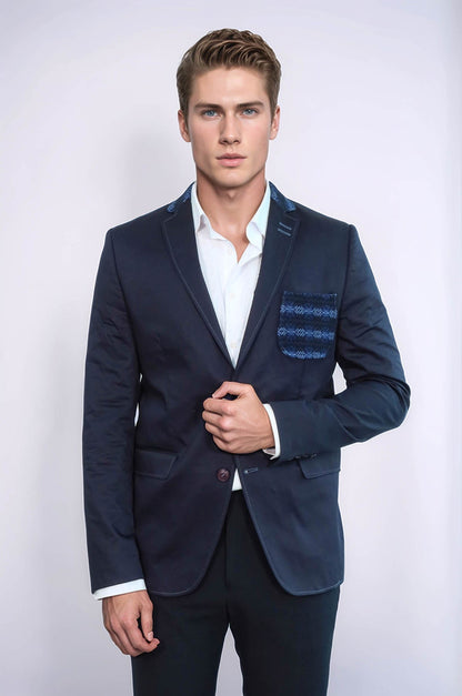 Double Buttons Knit Collar Mono Lapel Navy Blue Jacket-Wessi