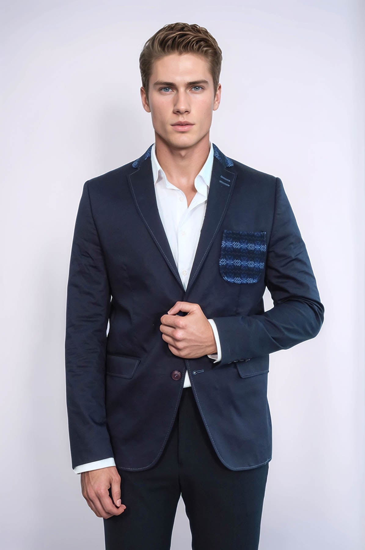 Double Buttons Knit Collar Mono Lapel Navy Blue Jacket-Wessi