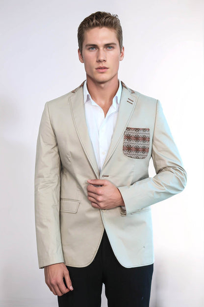 Double Buttons Knit Collar Mono Lapel Beige Jacket-Wessi