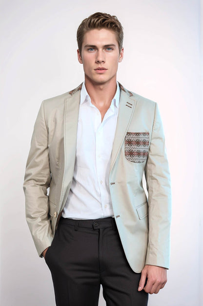 Double Buttons Knit Collar Mono Lapel Beige Jacket-Wessi