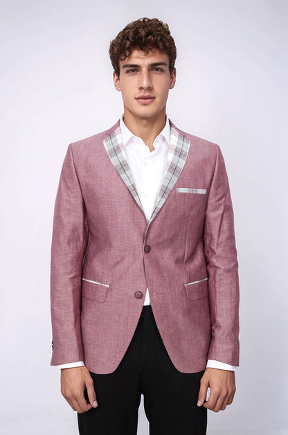Pocket and Collar Plaid Mens Linnen Burgundy Blazer - Wessi