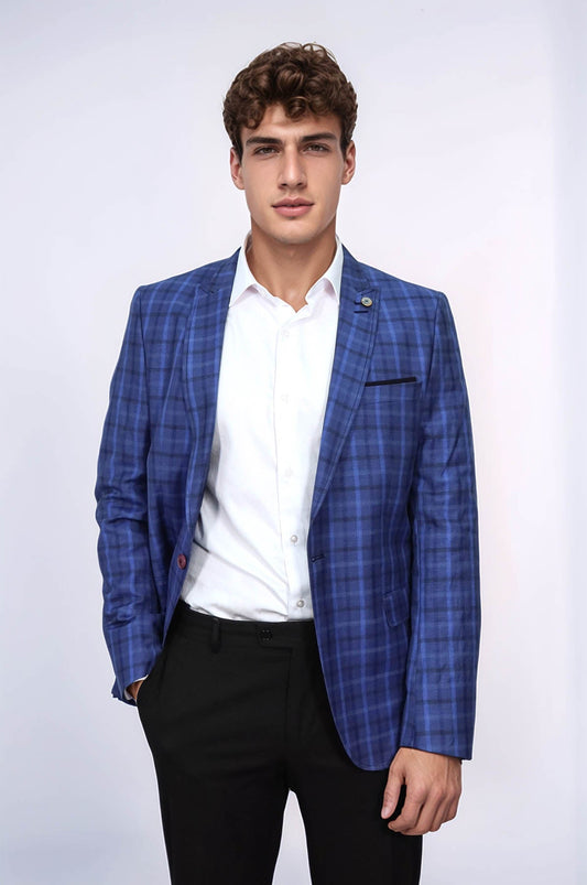 KOALA SYDNEY  Single Button Pointed Collar Plaid Navy Blue Jacket-Wessi