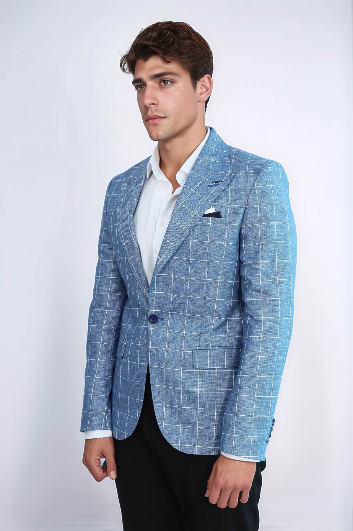 Single Button Wide Pointed Collar Blue Blazer - Wessi