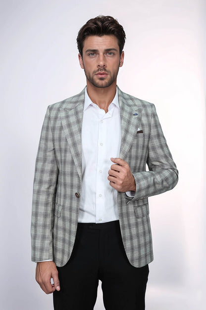 Single Button Wide Pointed Collar Beige Blazer - Wessi