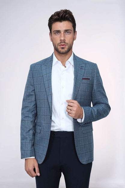 Grey Checked Men's Slim Fit Blazer - Wessi