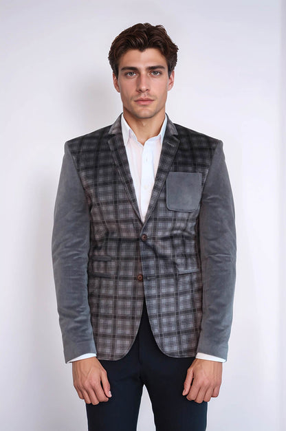 Plaid Sleeve Plaid Chest Smoked Velvet Blazer