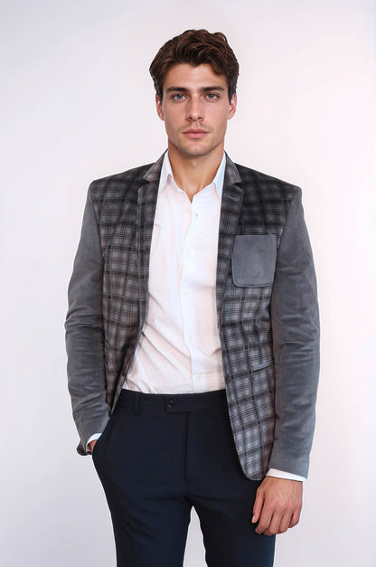 Plaid Sleeve Plaid Chest Smoked Velvet Blazer
