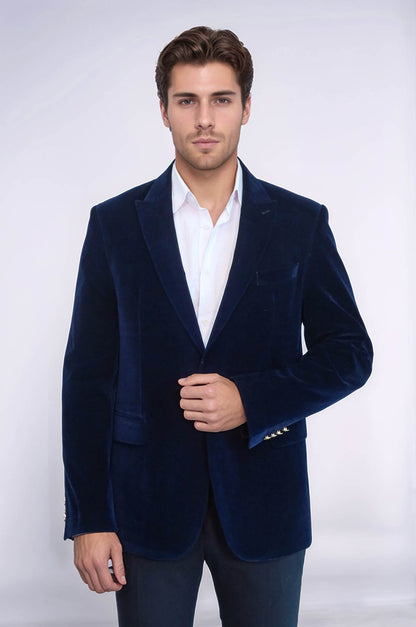 Wide Peak Lapel Velvet Navy Blue Blazer - Wessi