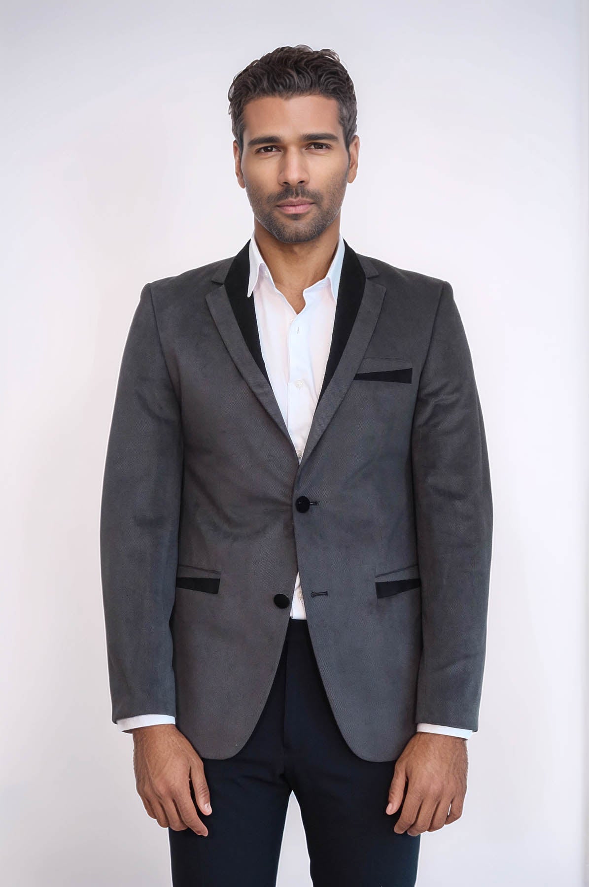 2 Buttons Pocket Piping Velvet Grey Jacket