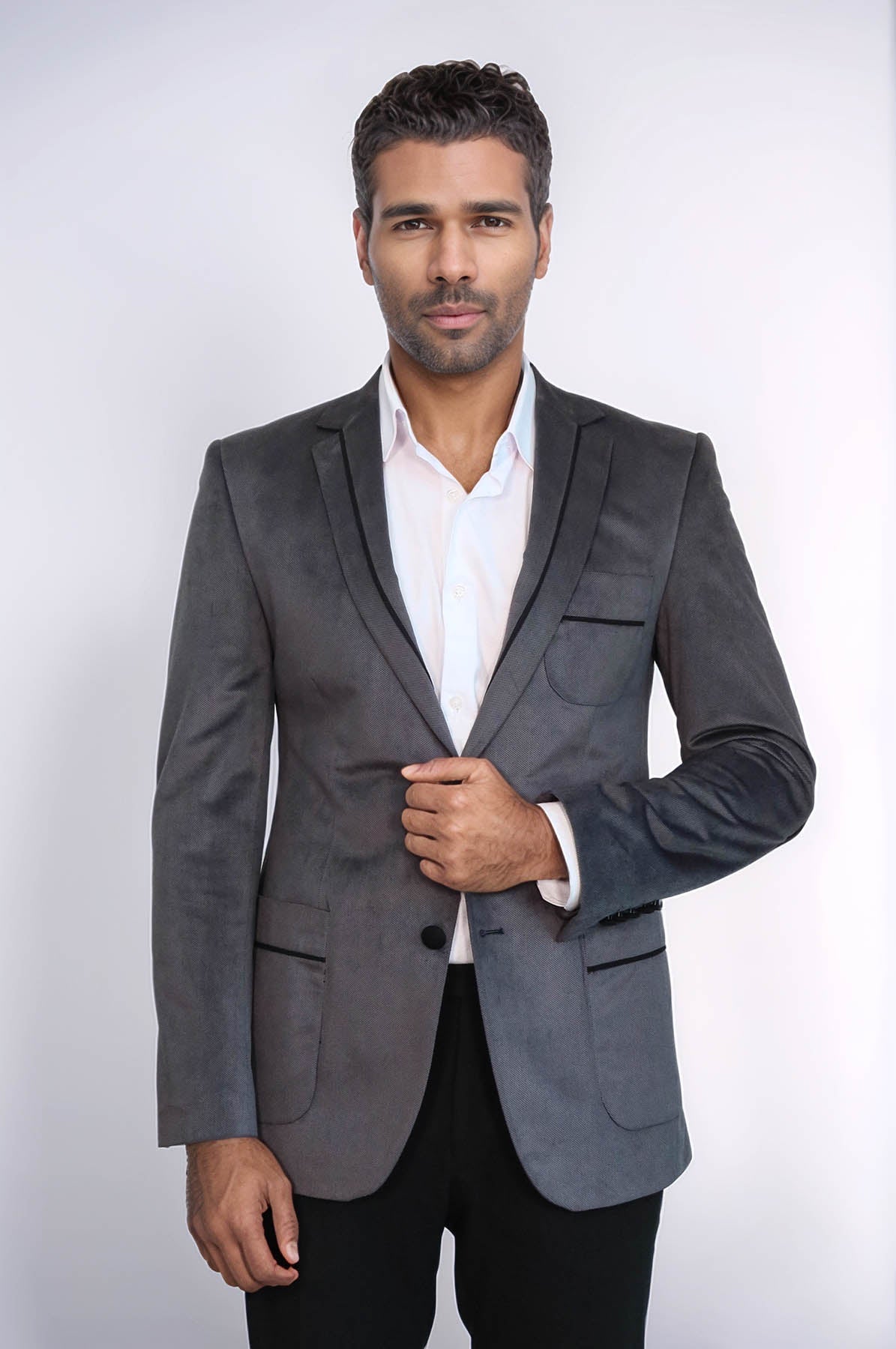 2 Button Bag Pocket Velvet Grey Jacket-Wessi