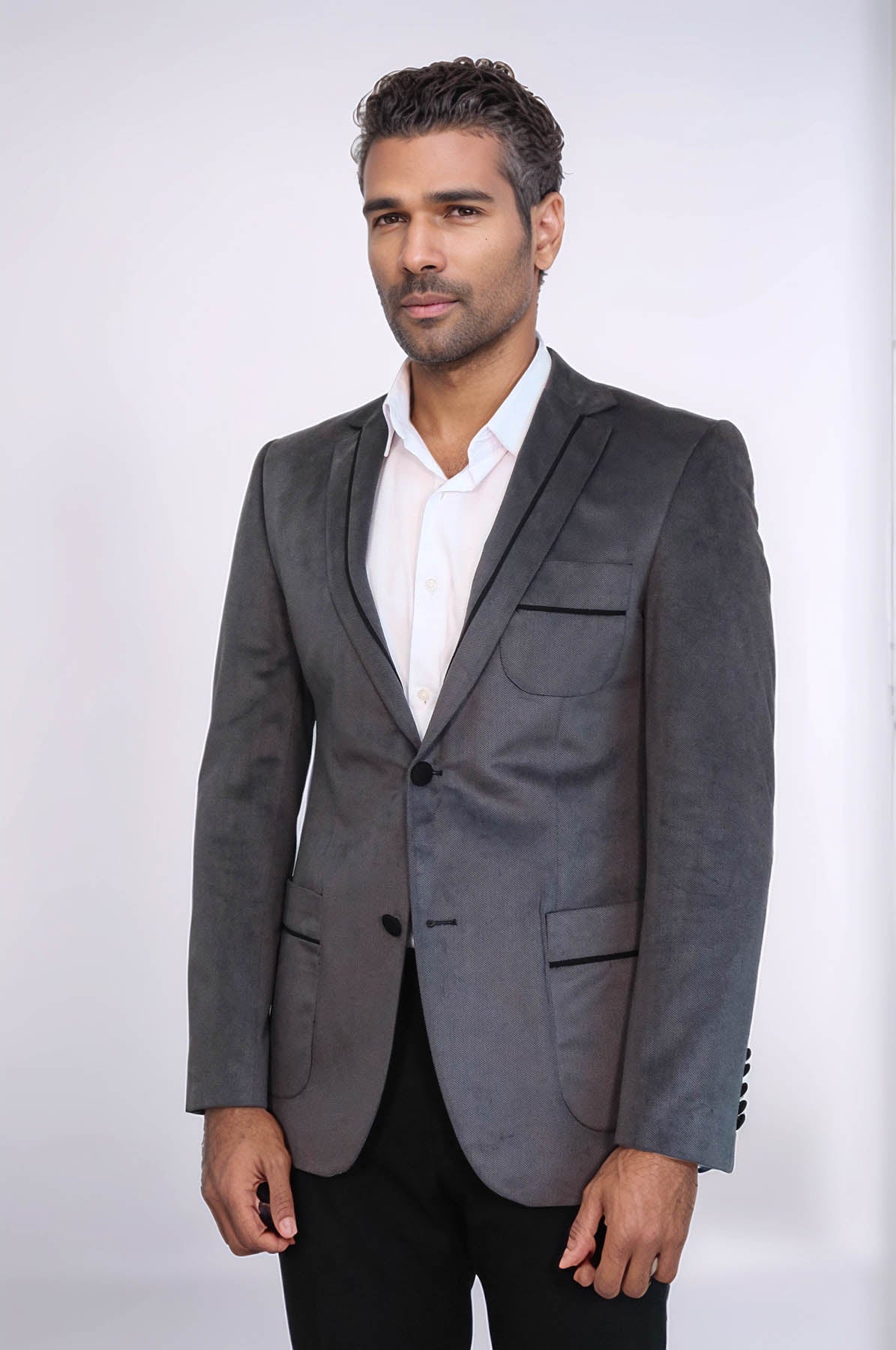 2 Button Bag Pocket Velvet Grey Jacket-Wessi
