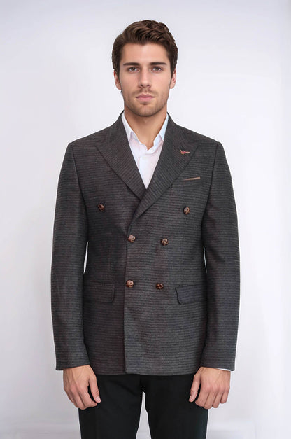 Double Breasted Slim Fit Brown Blazer