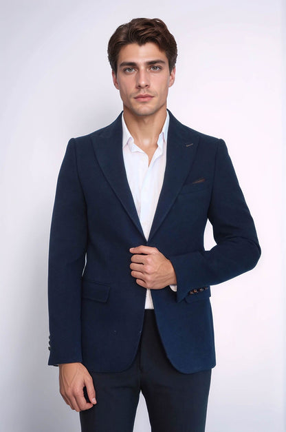 Single Button Pointed Collar Navy Blue Blazer - Wessi