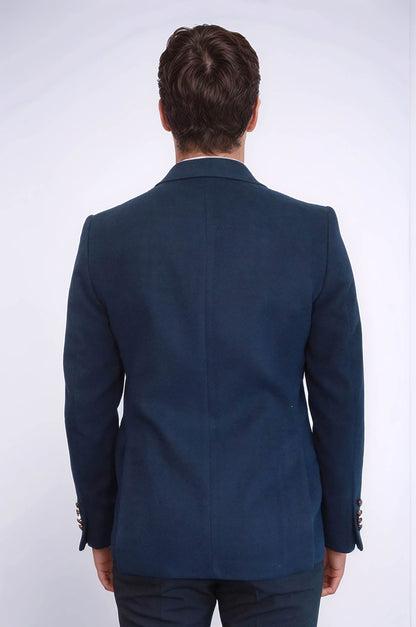 Single Button Pointed Collar Navy Blue Blazer - Wessi