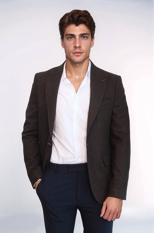 Single Button Pointed Wide Collar Brown Blazer