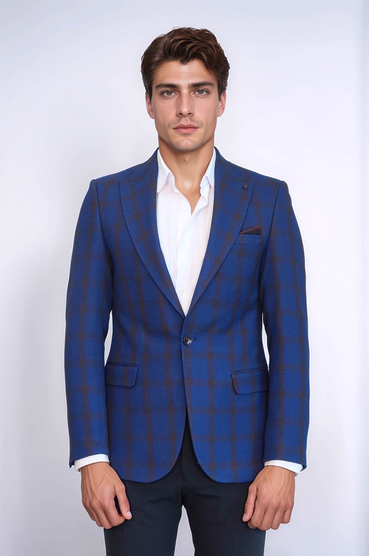 KOALA SYDNEY Double Breasted Pointed Collar Plaid Bast Blue Jacket-Wessi