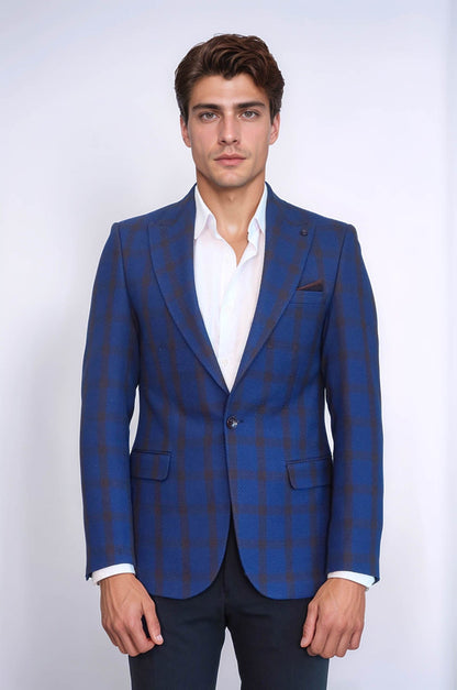 KOALA SYDNEY Double Breasted Pointed Collar Plaid Bast Blue Jacket-Wessi
