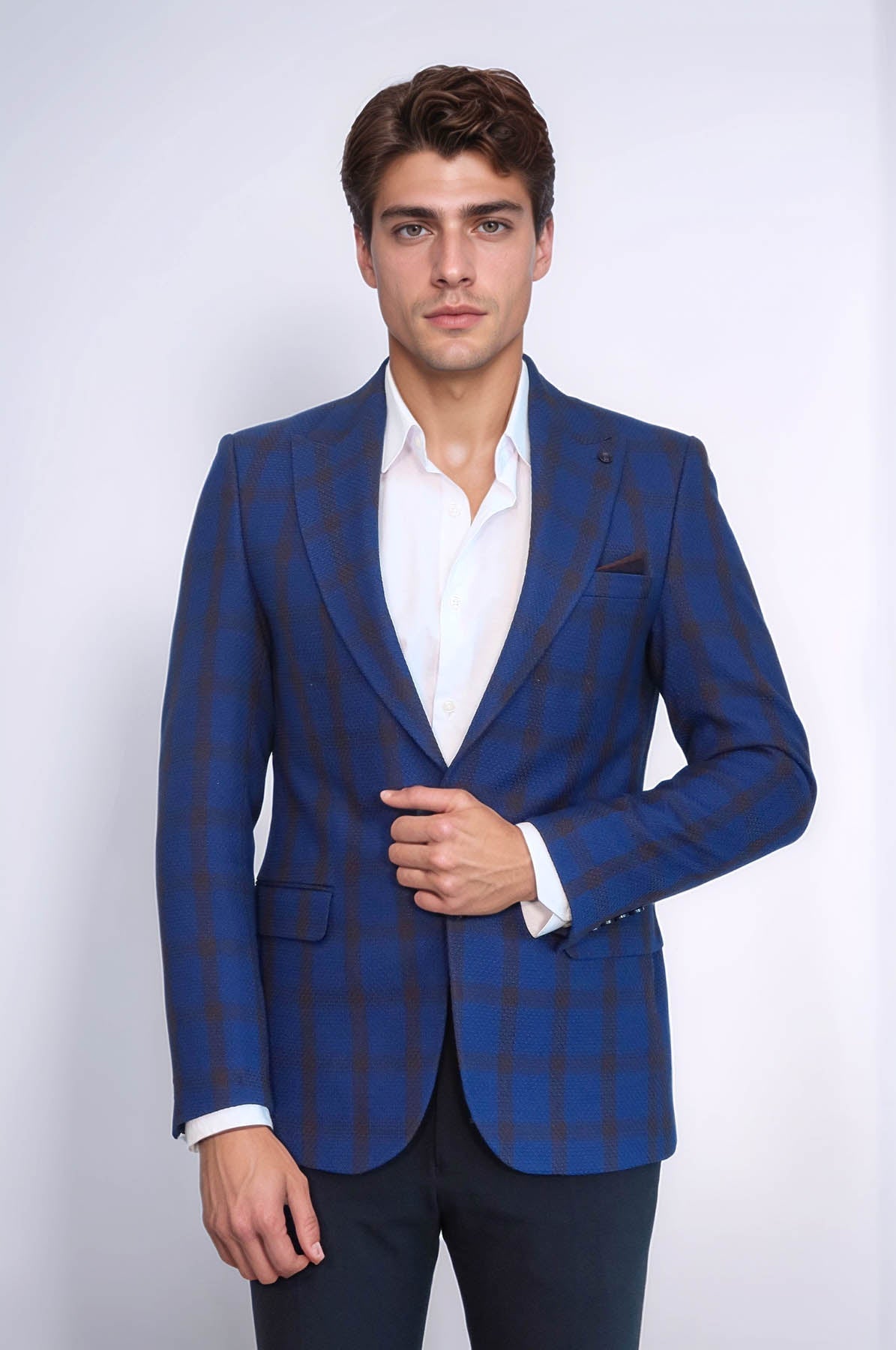 KOALA SYDNEY Double Breasted Pointed Collar Plaid Bast Blue Jacket-Wessi