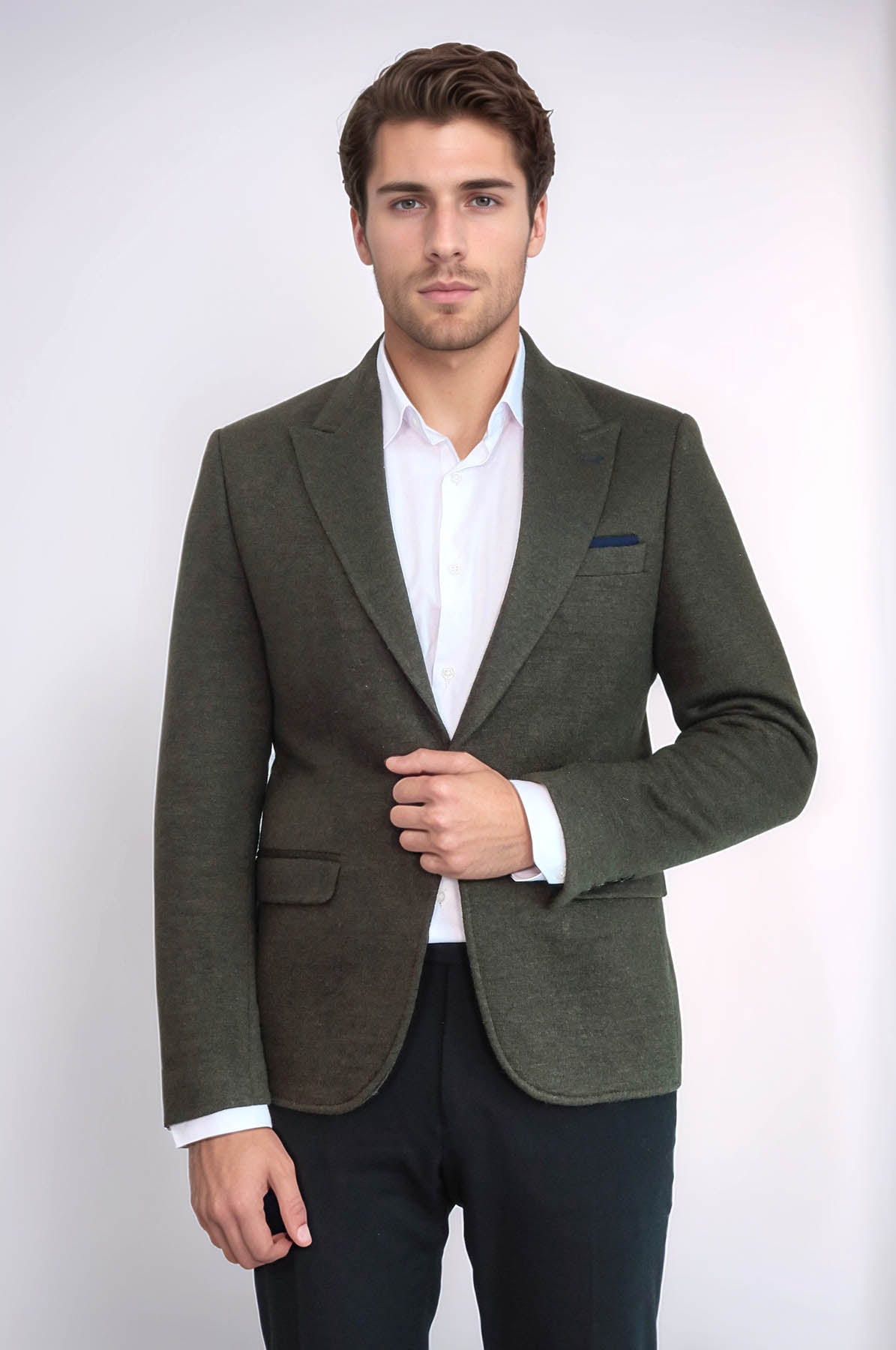 Peak Lapel Dark Green Wool Jacket - Wessi