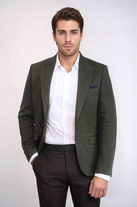 Peak Lapel Dark Green Wool Jacket - Wessi