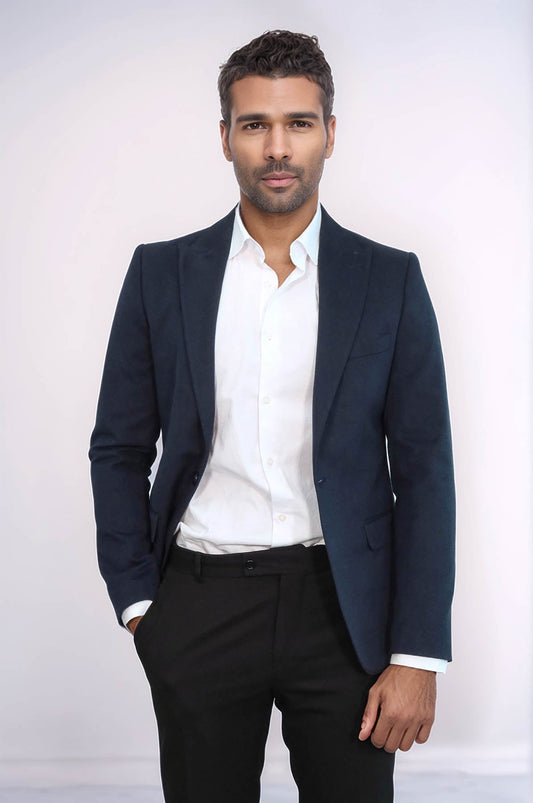 Peak Lapel Single Button Plain Navy Blue Men Blazer