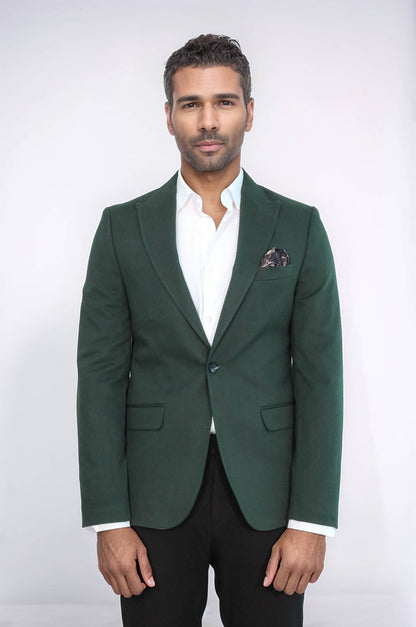 Peak Lapel Single Button Plain Green Men Blazer