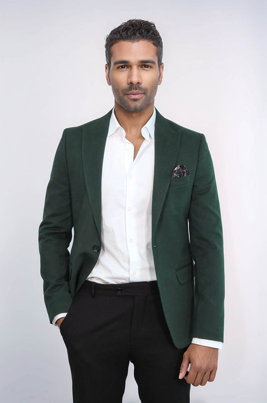 Peak Lapel Single Button Plain Green Men Blazer