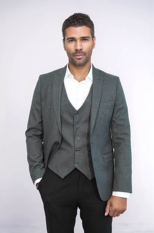 Grey Plain Blazer and Vest Set