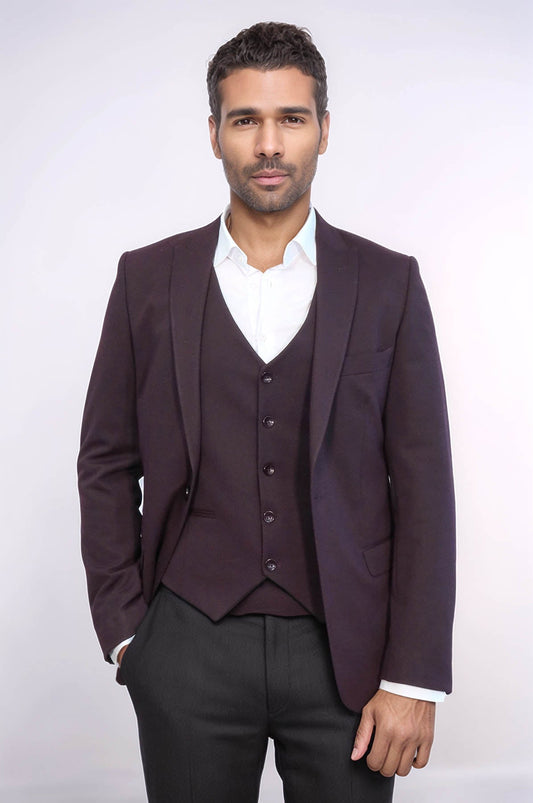 Plain Burgundy Vest Blazer Set