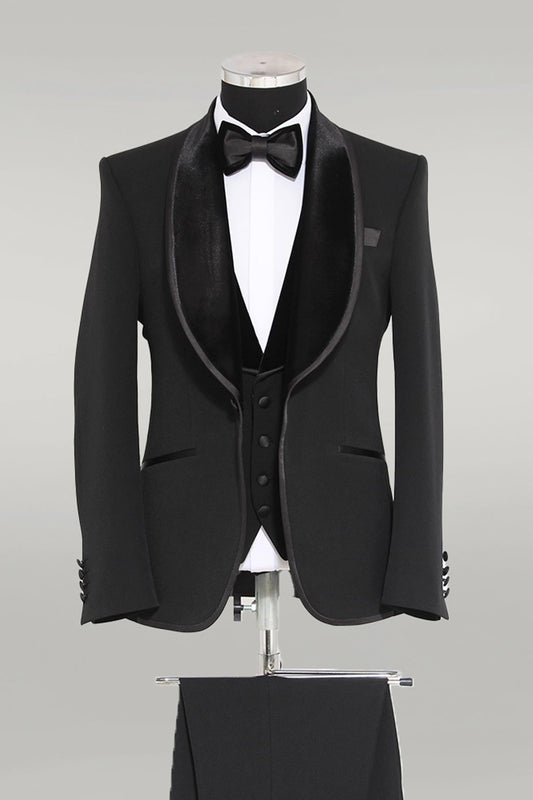 KOALA SYDNEY Plain 3-Piece Velvet Shawl Lapel Elegant Black Men Tuxedo with Bow Tie