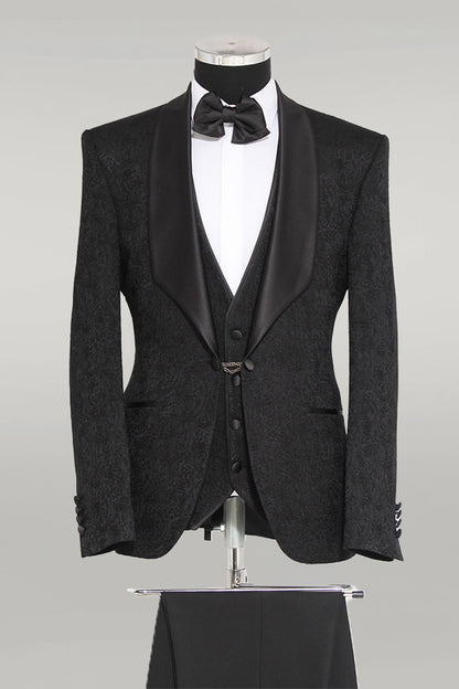 KOALA SYDNEY  3-Piece Patterned Single Button Satin Lapel Black Men's Tuxedo with Bow Tie -