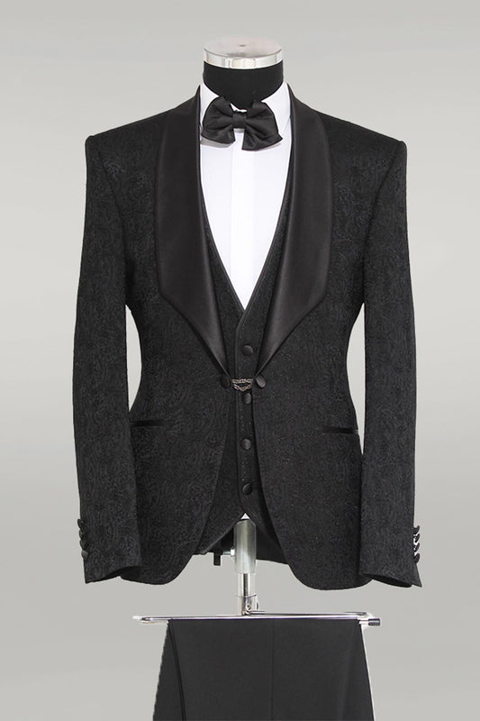 KOALA SYDNEY 3-Piece Patterned Single Button Satin Lapel Black Men's Tuxedo with Bow Tie