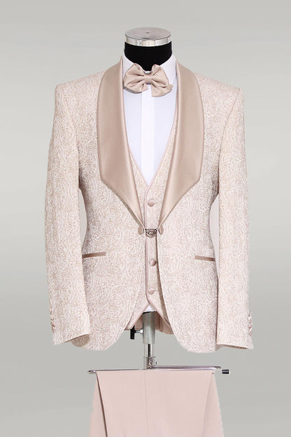 KOALA SYDNEY  3-Piece Patterned Single Button Satin Lapel Cream Men's Tuxedo with Bow Tie -