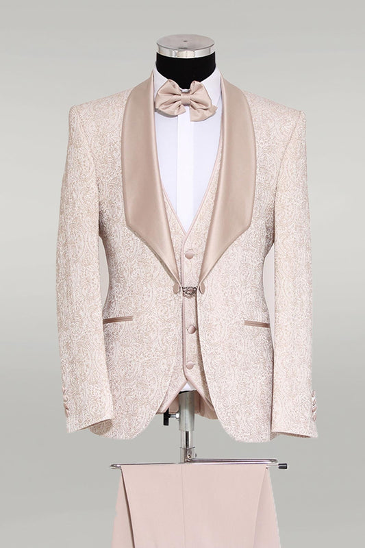 KOALA SYDNEY 3-Piece Patterned Single Button Satin Lapel Cream Men's Tuxedo with Bow Tie